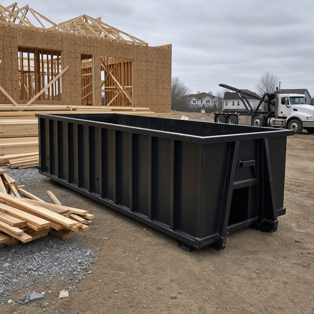 Matte-black 40-yard roll-off dumpster staged on a framed-out residential construction site in Allentown, framing lumber stacked nearby, hooklift delivery truck visible in the background under bright Colorado daylight