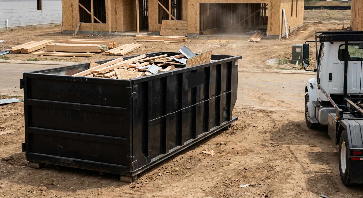 Matte-black 20-yard roll-off construction dumpster with heavy ribbed steel sidewalls and swing rear doors at a working jobsite in Allentown, sitting directly on compacted dirt with an unmarked white hauler partially visible at the far edge of the frame.