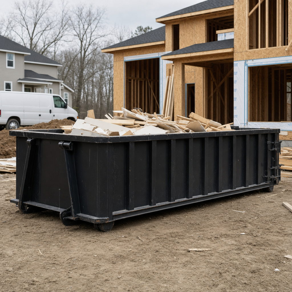 Worker in a yellow high-visibility vest tossing framing lumber and broken drywall into a matte-black 30-yard construction roll-off dumpster on an active build site in Allentown, bright daylight