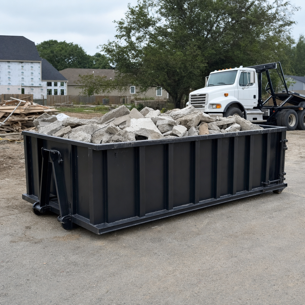 Low-profile matte-black lowboy roll-off dumpster loaded with broken concrete slab and rebar at a foundation tear-out in Allentown, skid steer parked beside it, sunny Colorado morning