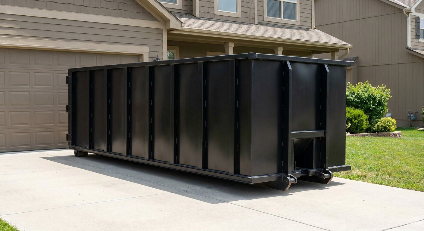 Matte-black residential roll-off dumpster sitting directly on a suburban Allentown concrete driveway, garage door closed, single-family home in background, bright morning daylight.
