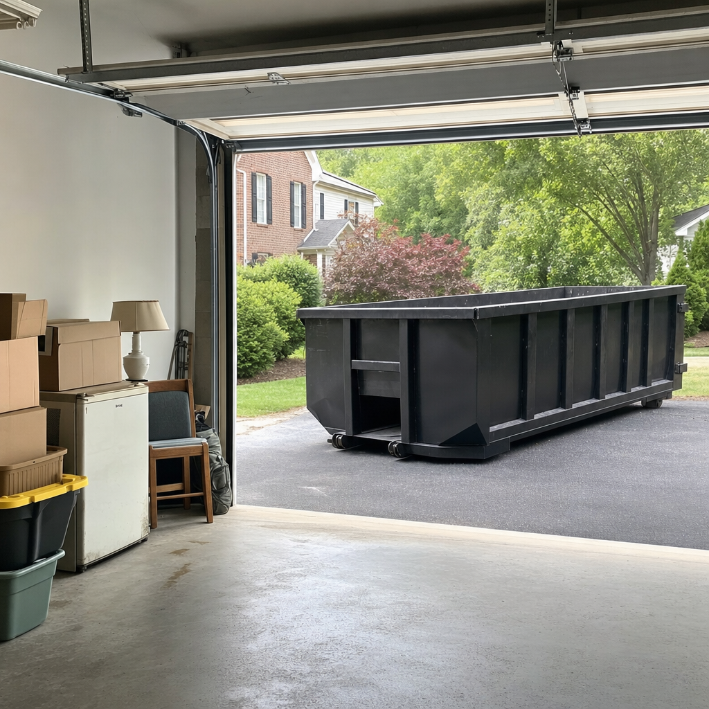 Open garage interior in a Allentown home mid-cleanout — boxed items, an old appliance, and stacked yard tools queued near the driveway for a matte-black roll-off dumpster, organized and calm