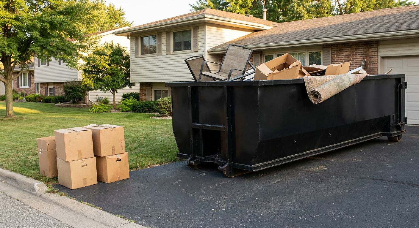 Front-yard view of a Allentown split-level home with a 20-yard matte-black roll-off dumpster sitting directly on the asphalt driveway, a few clearly labeled donation boxes staged at the curb, calm sunny afternoon.