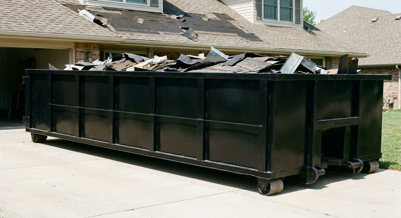 Matte-black 20-yard roofing roll-off dumpster with steel ribbed sides and swinging rear door, sitting directly on the concrete driveway of a two-story Allentown home, asphalt shingle debris being loaded over the low wall, clean documentary lighting.