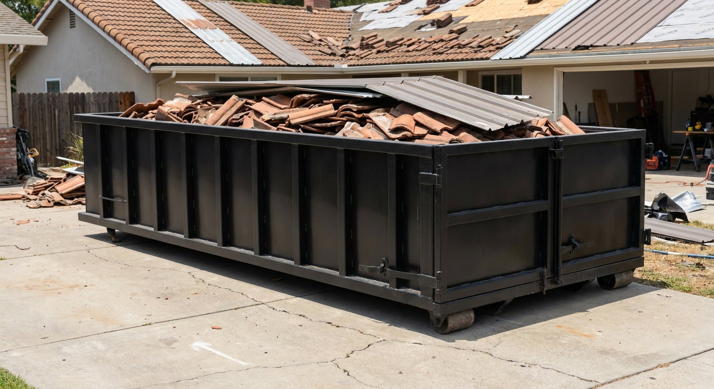 Matte-black low-wall heavy-debris roofing roll-off dumpster sitting directly on a Allentown concrete driveway, broken concrete clay roof tiles and metal panel sections loaded inside, reinforced ribbed steel side walls visible, bright outdoor daylight.