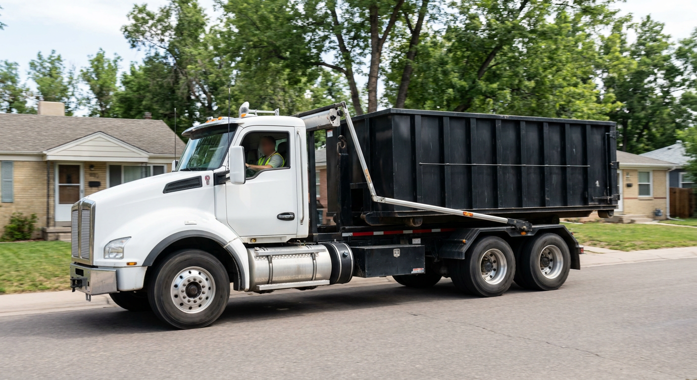 A wide documentary shot of a matte-black roll-off delivery truck pulling onto a quiet Allentown residential street at mid-morning, with neighborhood rooftops and tree-lined blocks visible behind, showing the metro coverage footprint.