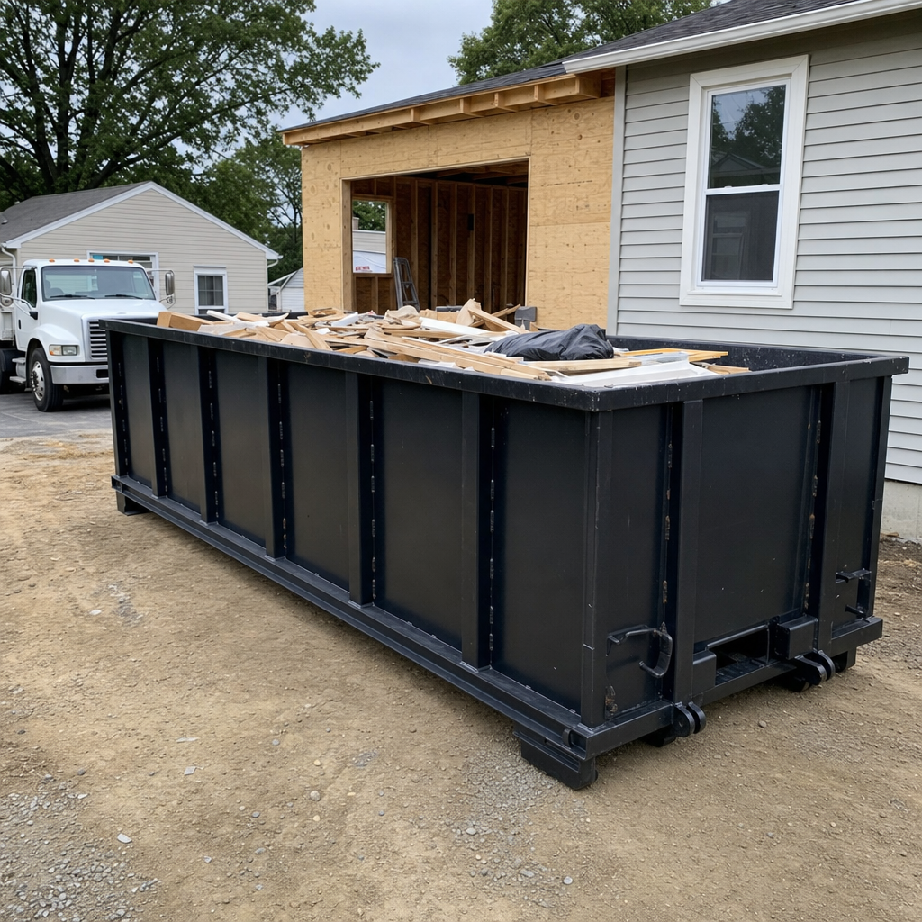 A matte-black 30-yard roll-off dumpster positioned at a Allentown residential addition jobsite, with framing lumber and drywall scraps loaded through the open swinging rear doors.