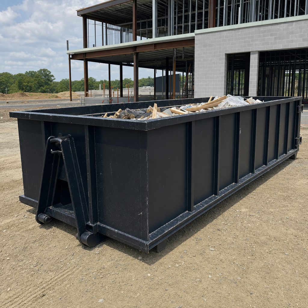 A matte-black 40-yard roll-off dumpster staged on a large Allentown commercial construction lot, with a hooklift delivery truck parked alongside under bright midday sky.