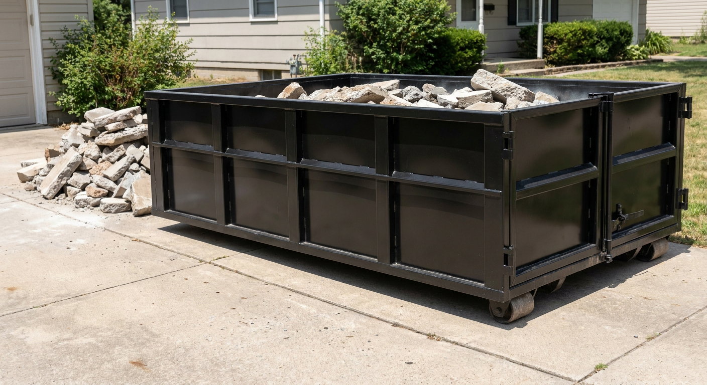 A matte-black low-side heavy-debris roll-off dumpster placed directly on a Allentown concrete driveway, with broken concrete chunks neatly stacked beside it under clean daylight.
